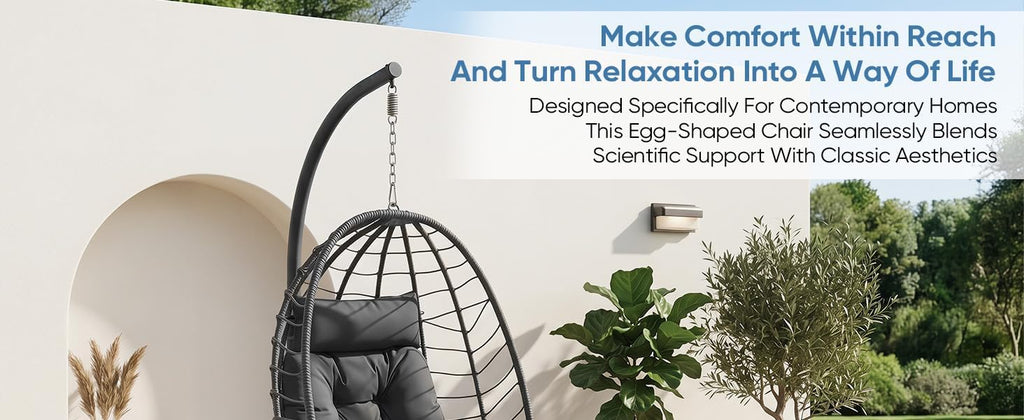 Hanging Egg Chair with Stand, Outdoor Rattan Swinging Egg Chair, Dark Grey, for Porch, Living Room, Poolside and