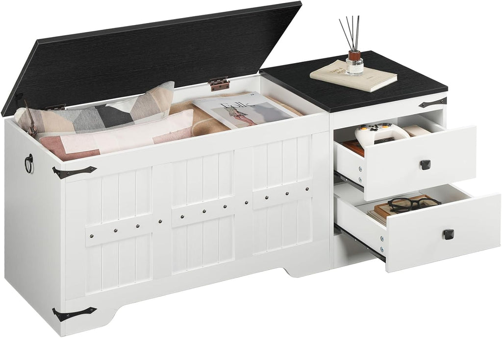 Storage Bench, Toy Box with Dual Drawers and Safe Hinge, Storage Chest with Extra-Long Thick Top, Easy Assembly