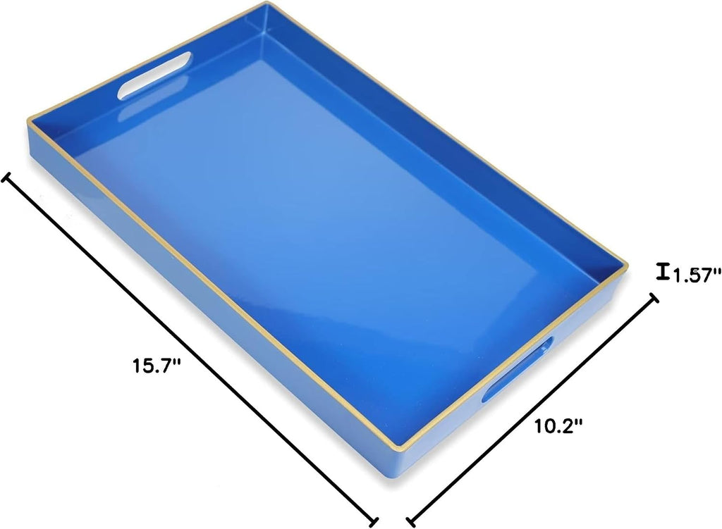 Blue Decorative Coffee Table Tray, Rectangular Plastic Serving Tray with Handles , Ottoman, Bathroom, 15.7"*10.2"