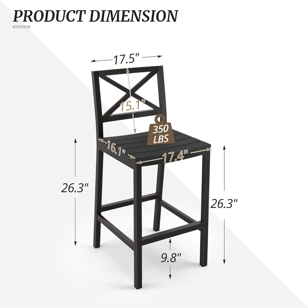 Outdoor Bar Stools Set of 2, 26 Inch All Weather HDPS Patio Counter Height Barstools with Back & Footrest, Aluminum