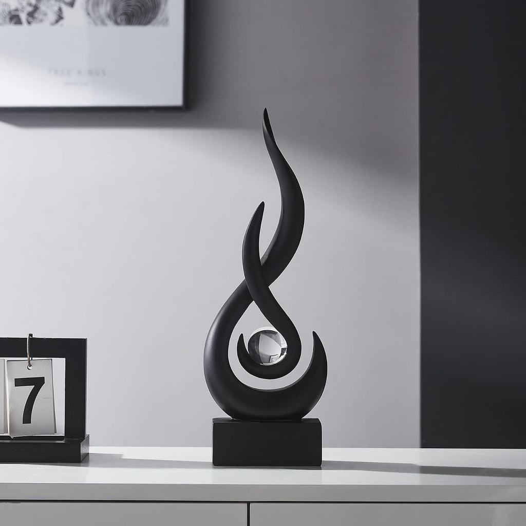Modern Black Sculpture Decor: Flame Statue with Glass Ball Resin Abstract Art Figurines Unique Centerpiece TV Stand