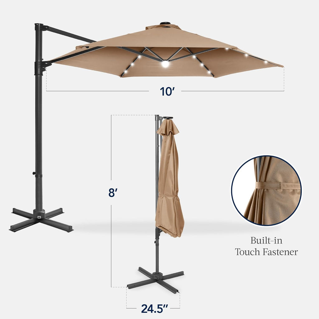 10ft Solar LED Offset Cantilever Hanging Market Patio Umbrella, Smooth 360° Rotation, 8 Sturdy Ribs, Easy Adjustment