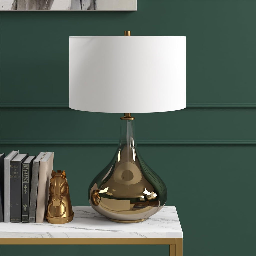 25" Modern 1-Light Table Lamp with White Fabric Drum Shade, or Office, Chromed Brass
