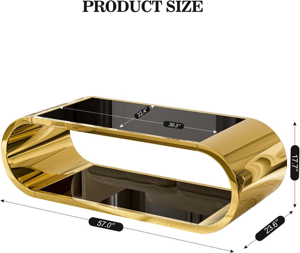 Gold Stainless with Glass Coffee Table, Modern Coffee Table, 2-Tier Glass Top with Large Space Fashion Design