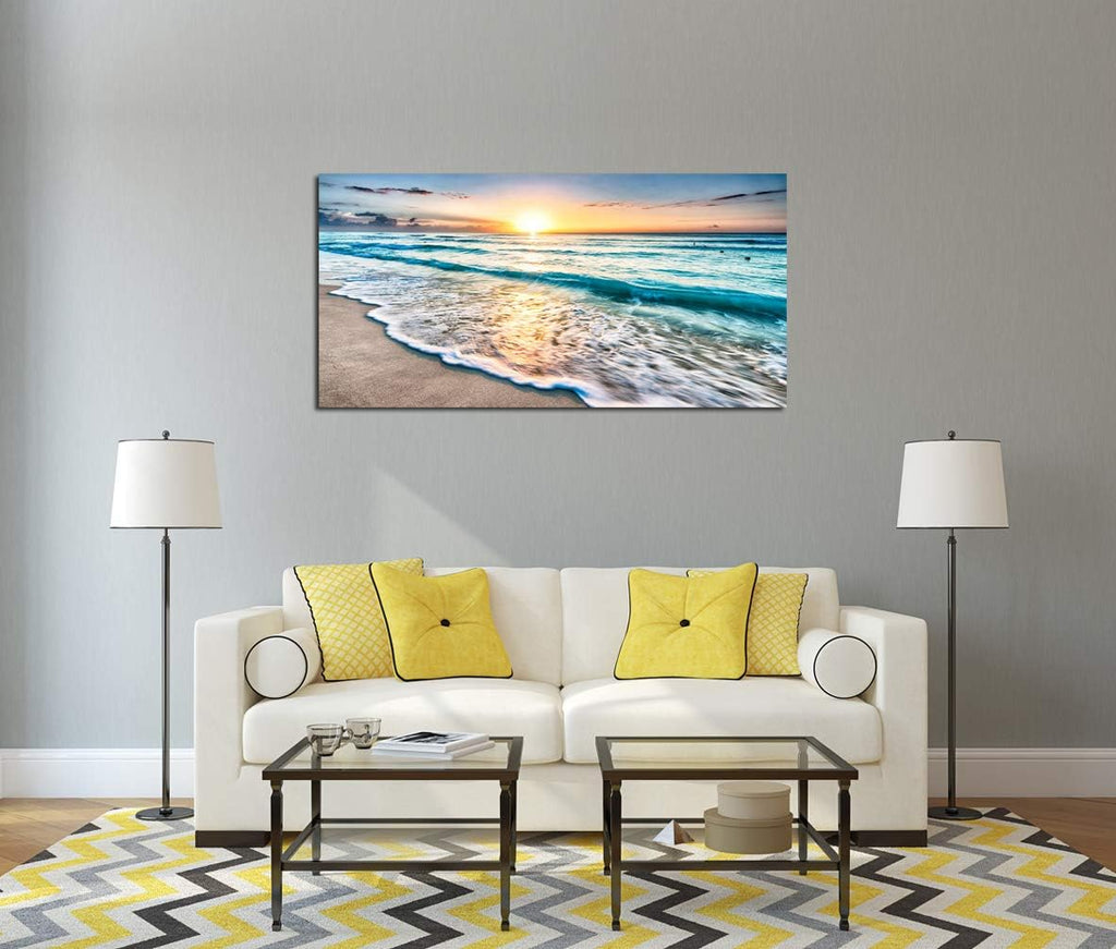 S02250 Canvas Prints Wall Art Beach Sunset Ocean Waves Nature Pictures Stretched Canvas Wooden Framed Bedroom and