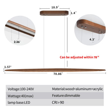 71" Wood Linear Pendant Light Wood Linear Dinning Room Light Island Lights LED Dimmable Chandelier 40w Billiard &