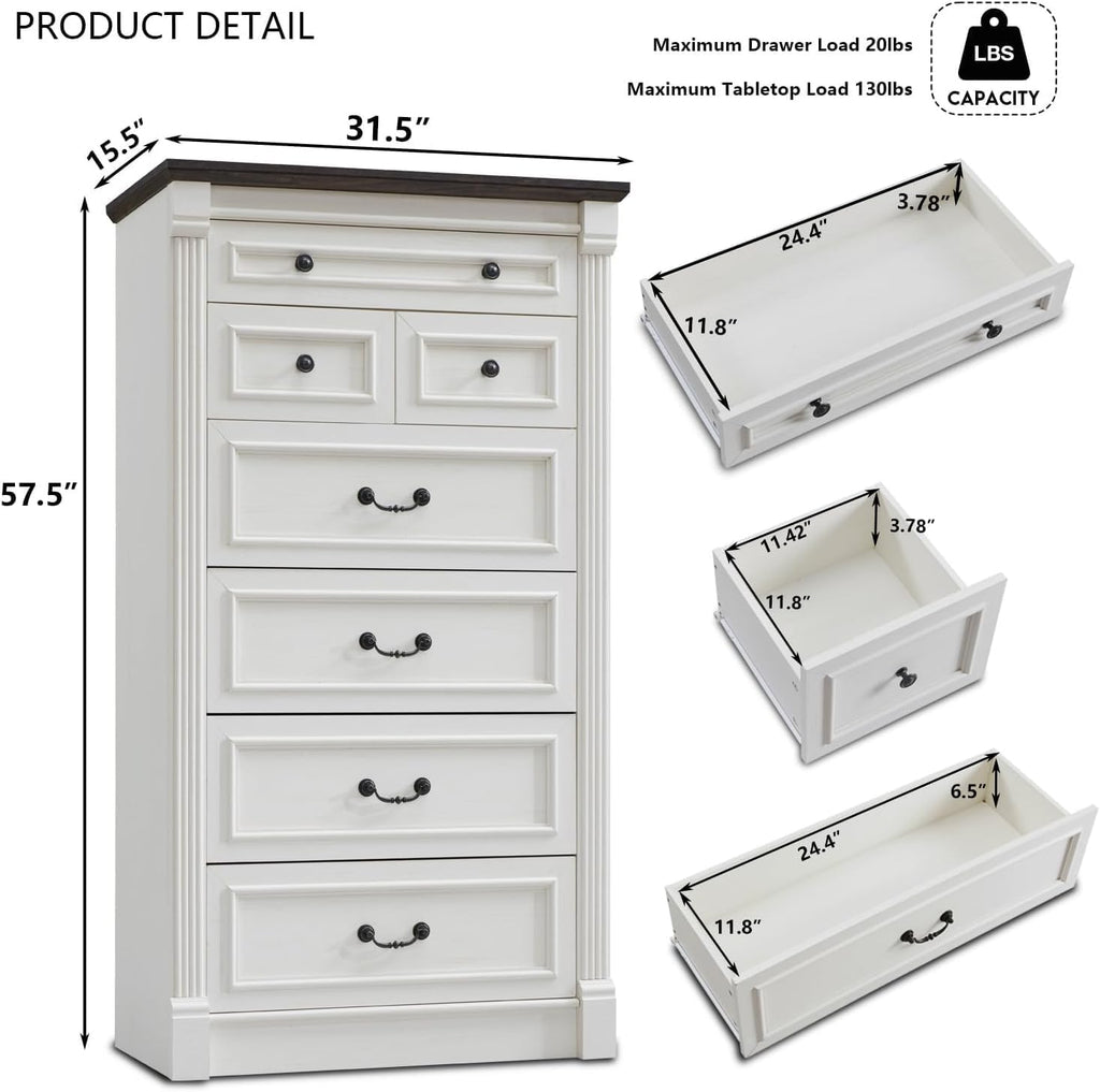Farmhouse 7 Drawers Dresser , 57" Tall Dressers & Chests of Drawers w/Roman Column, Large Storage Dressers Organizer