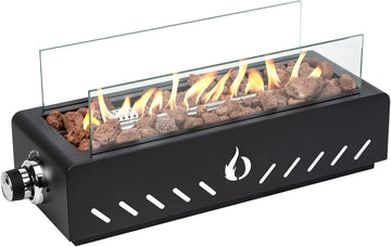 18 Inch Table Top Propane Fire Pit, Rectangular Tabletop Firepit with Lava Rocks, Glass Shield & 6.8 ft Hose