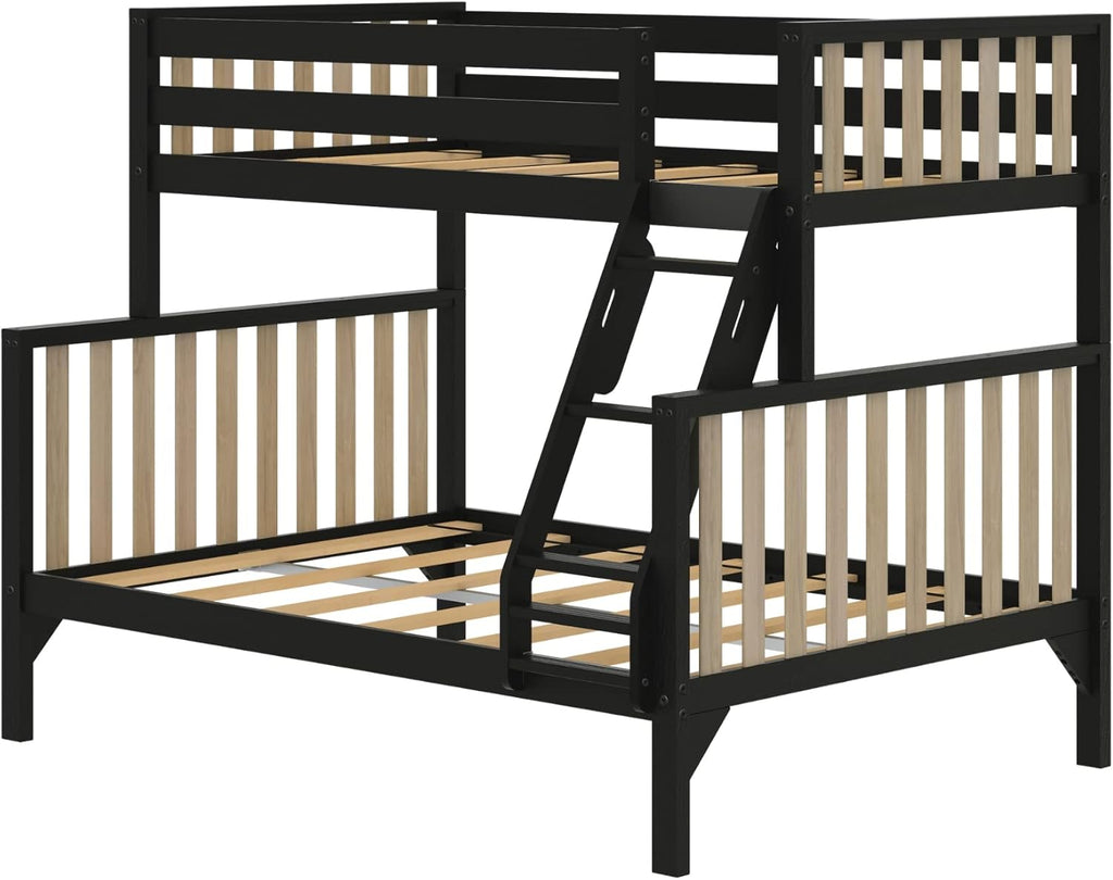 Bunk Bed, Scandinavian Modern Bunk Bed, Solid Wood Twin Over Full Bed Frame for Kids, No Box Spring Needed, Black/Blonde