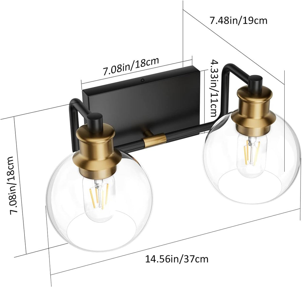 2 Lights Vintage Bathroom Vanity Light Fixtures Over Mirror Black & Gold Industrial Vanity Lights with Globe Clear