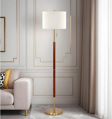 62" Walnut Gold Floor Lamp, 1200LM 3-Way Dimmable Mid Century Modern Floor Lamp Office