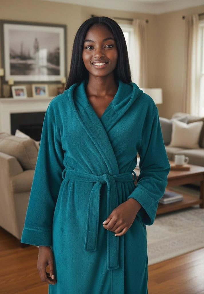 Women's Plush Fleece Robe with Hood, Lightweight Hooded Bathrobe with Pockets