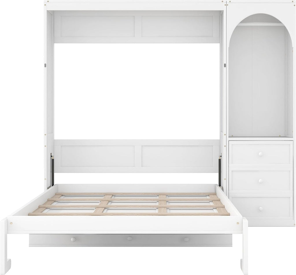 Queen Murphy Bed,Murphy Bed with Storage Shelf,LED Light Closet Rod and 3 Drawers,White