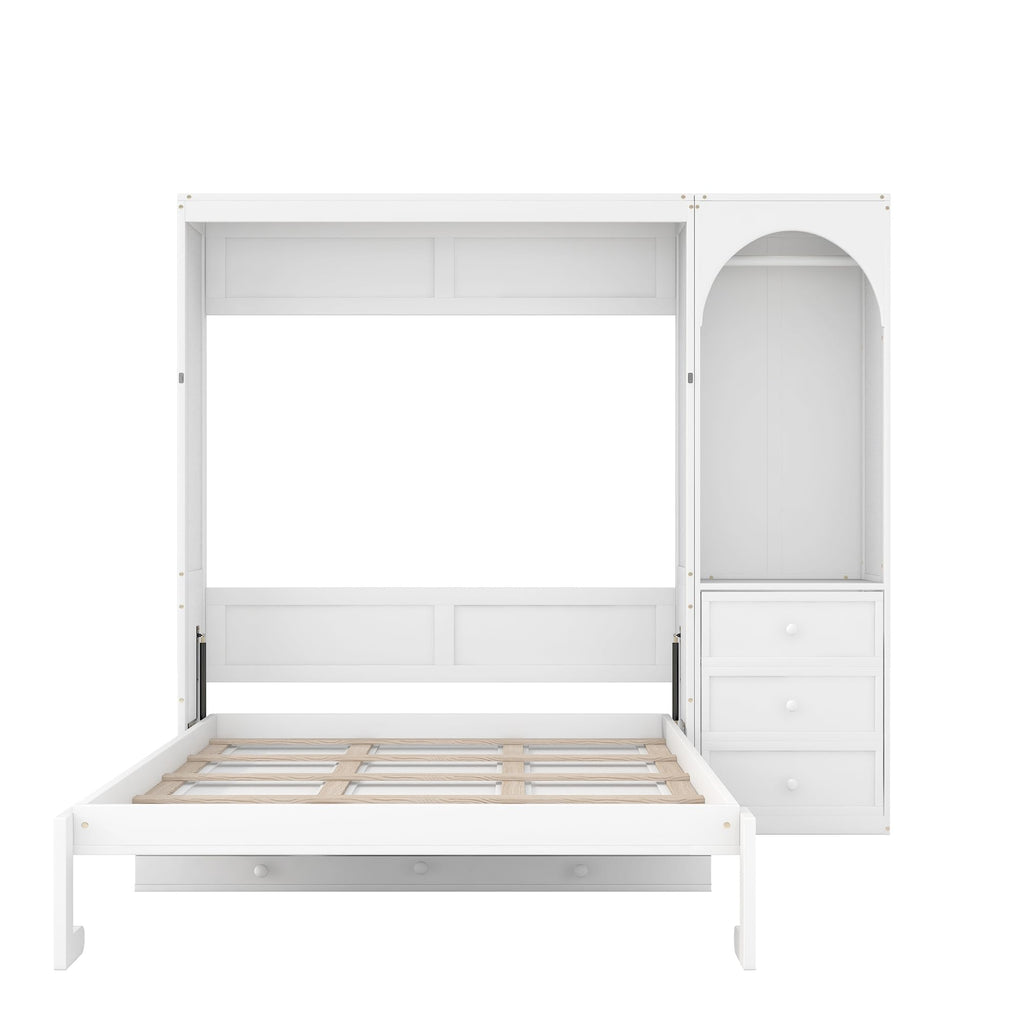 Queen Murphy Bed with Desk and Storage & LED Light, Solid Wood Murphy Wall Bed Cabinet with Storage Drawers &Clothes