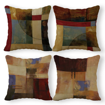 Vintage Geometric Decor Linen Throw Pillow Case, 18 x 18 Inch Set of 4, New Living Room Decor, Housewarming Gift