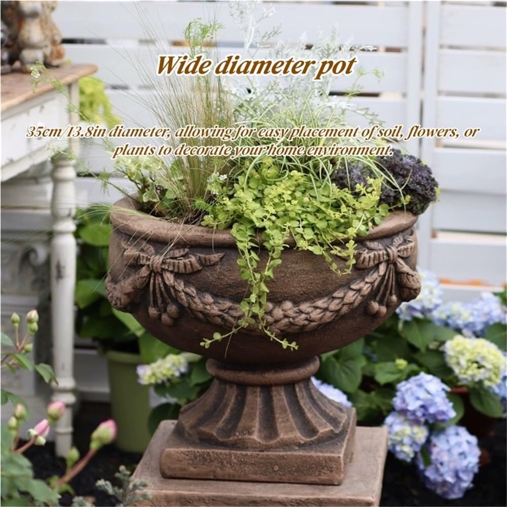 Vintage Magnesium Oxide Flower Pots, Large Urn Planter with Wide Pot | Freestanding Pedestal Planter, Fluted Planter
