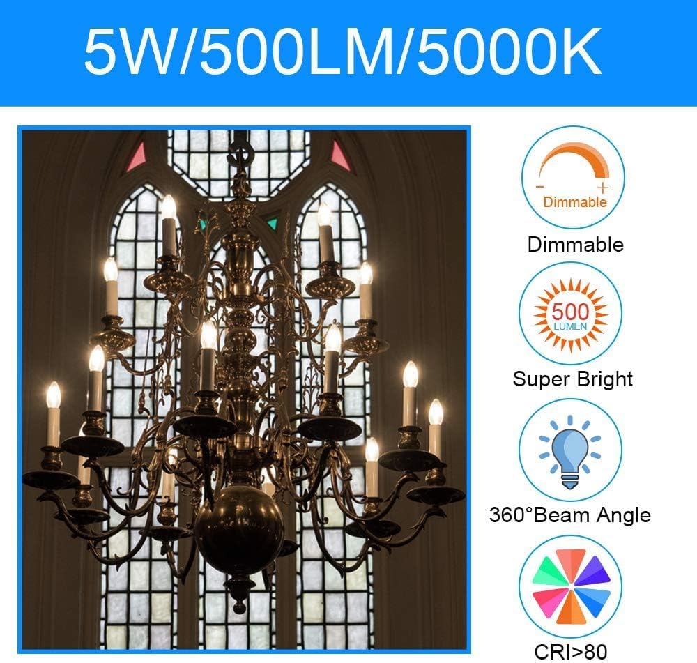 LED E12 Candelabra Bulb B10 B11, Daylight 5000K, 60 Watt Equivalent Chandelier LED Edison Type B Light Bulb