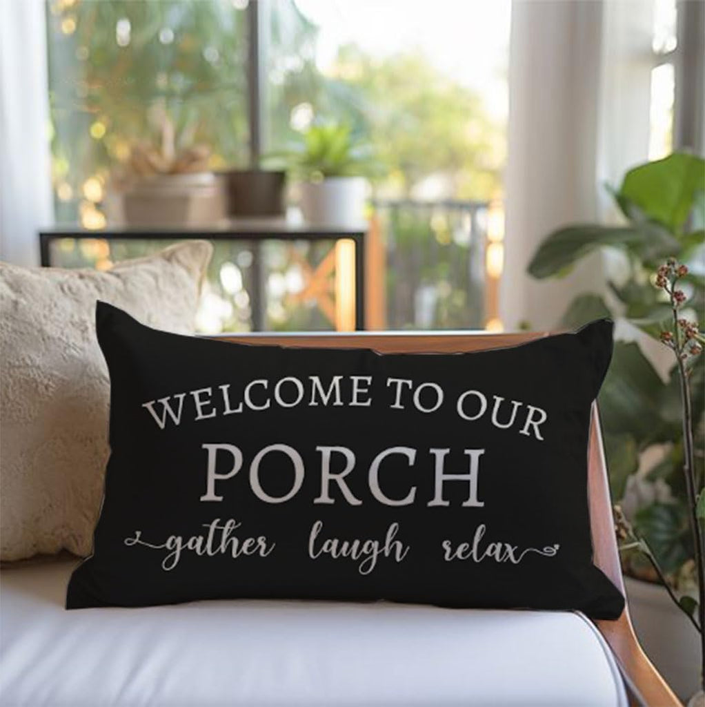 Welcome to Our Porch Stay Awhile Farmhouse Black and White Outdoor Lumbar Decorative Throw Pillow Covers 12x20 Inch