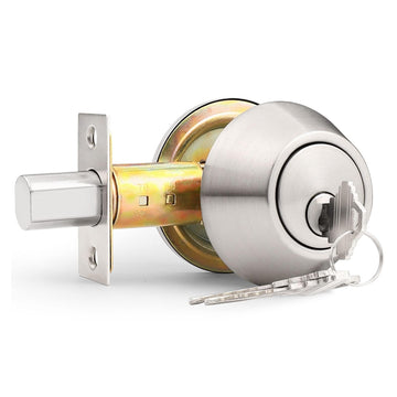 1Pack Brushed Nickel Double Cylinder Deadbolt Lock, Round Keyed Both Side Door Lock