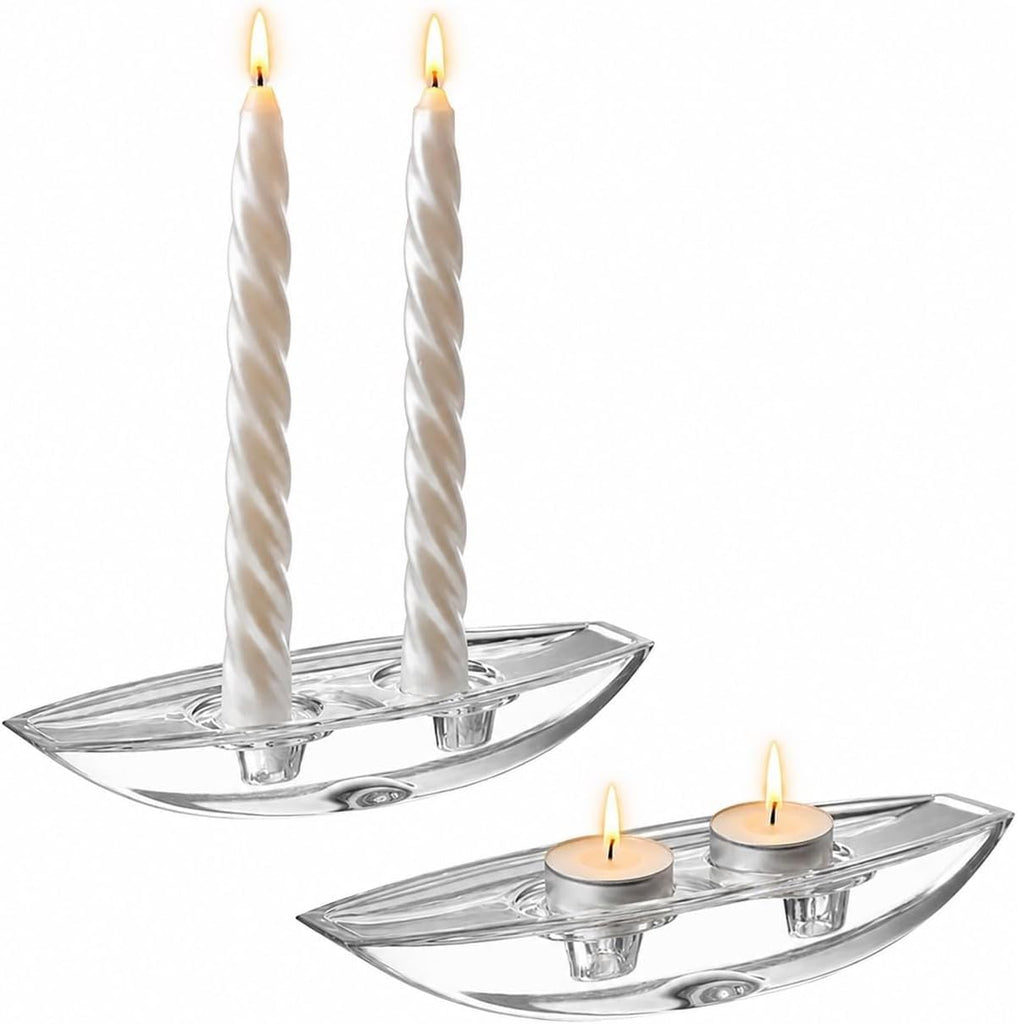 Glass - Double Candle Holder - Tea Light Candle Holder - or Taper Candlestick Holder - Fits Two Taper Candle Sticks