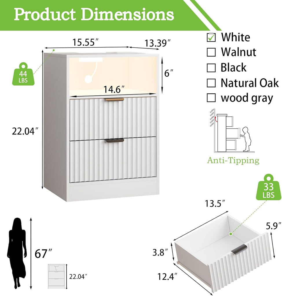 White Night Stand Set 2, LED Nightstand with Charging Station, Fluted Nightstands Set of 2 with 2 Drawers, Wood Side