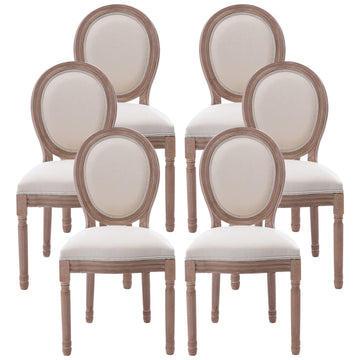 French Set of 6, French Country Dining Chair, Vintage Farmhouse with Round Back, Solid Wood Beige Fabric Dining Room