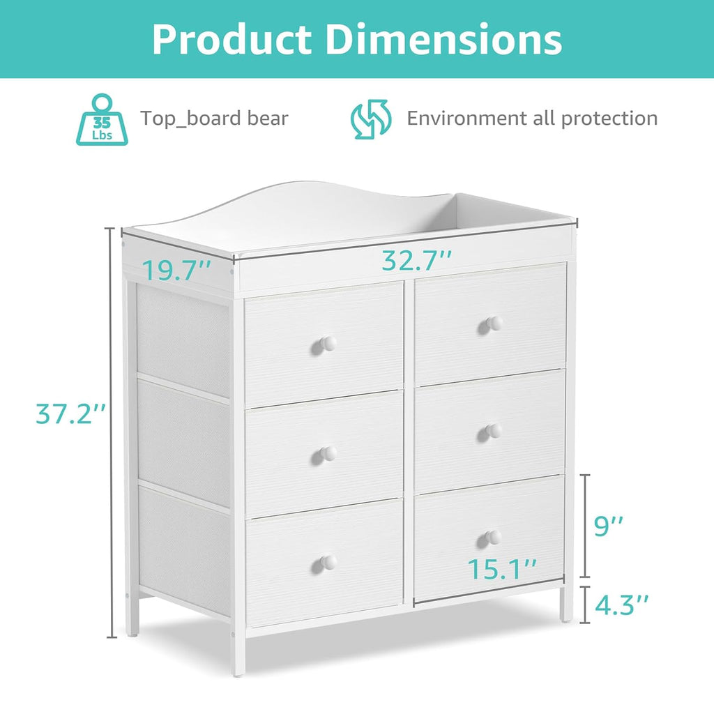 White Changing Table Dresser with 6 Drawers Baby Dresser with Changing Table Top Diaper Changing Station with Storage
