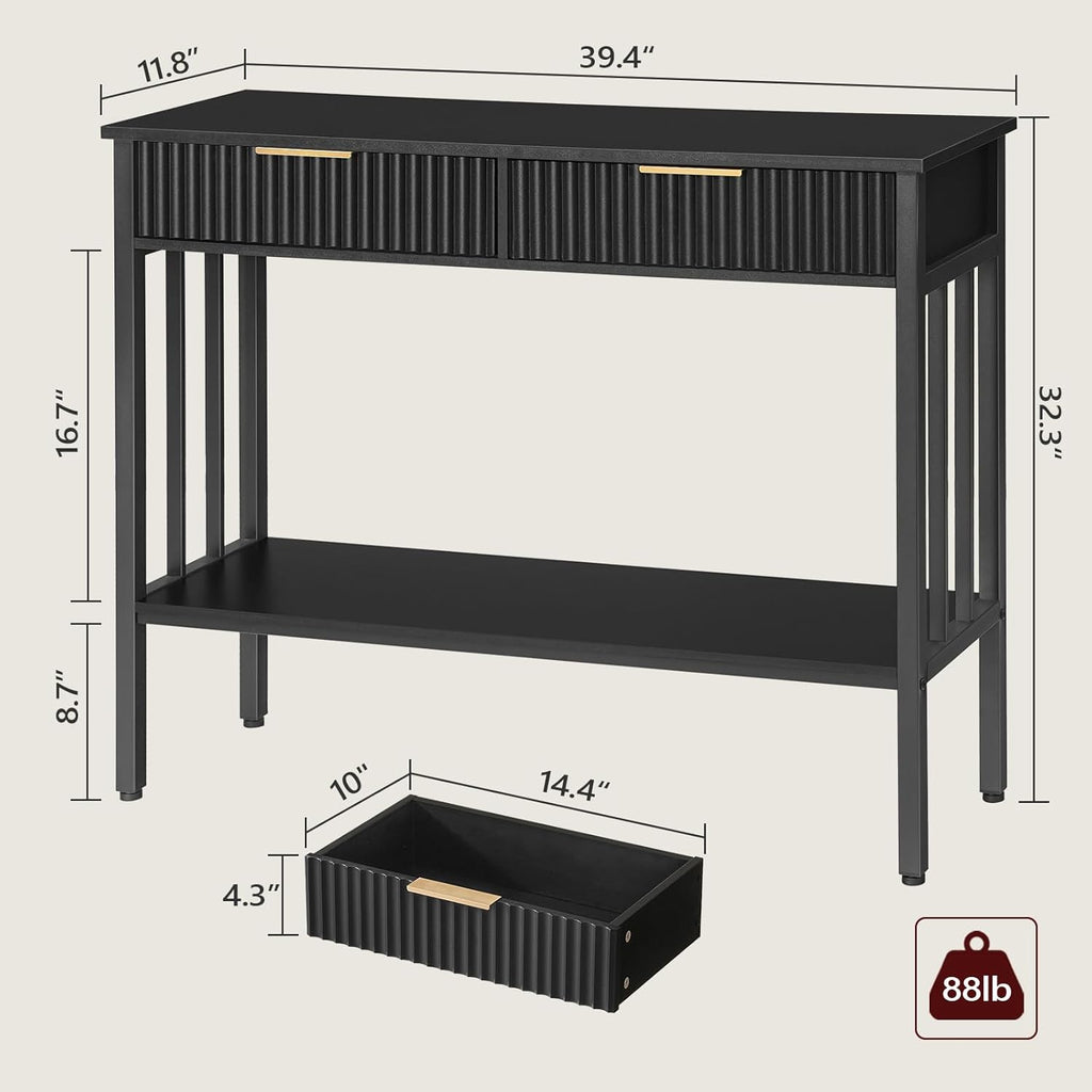 39.4" Console Table with 2 Drawers, Narrow Long Entry Table with Storage Shelf, 2-Tier Fluted Entryway Table with 2