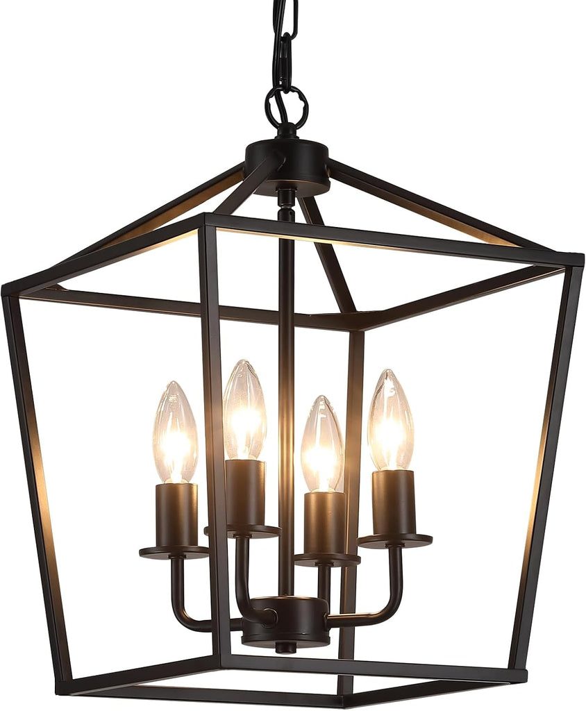 UL Listed Black Industrial 4 Light Lantern Chandelier Ceiling Light Fixtures Farmhouse Metal Cage Rustic Geometric