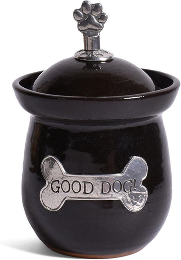 American Handmade Good Dog! Small Treat Jar with Pewter Plaque and Paw Print Finial by, Black