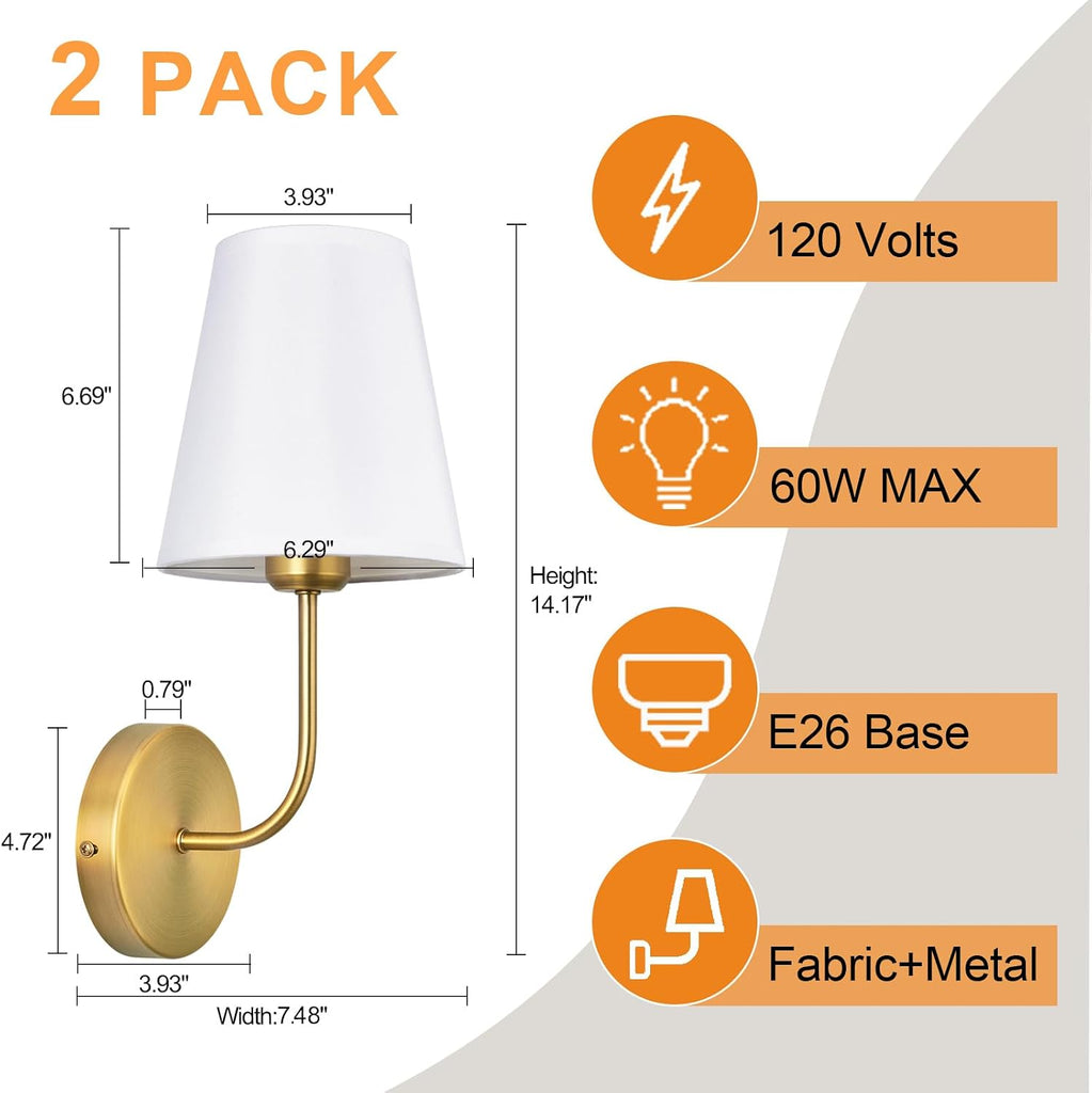 Antique Brass Hardwired Wall Sconce Set of 2 - Gold Finish with White Fabric Shades，Bedroom Lighting, Living Room