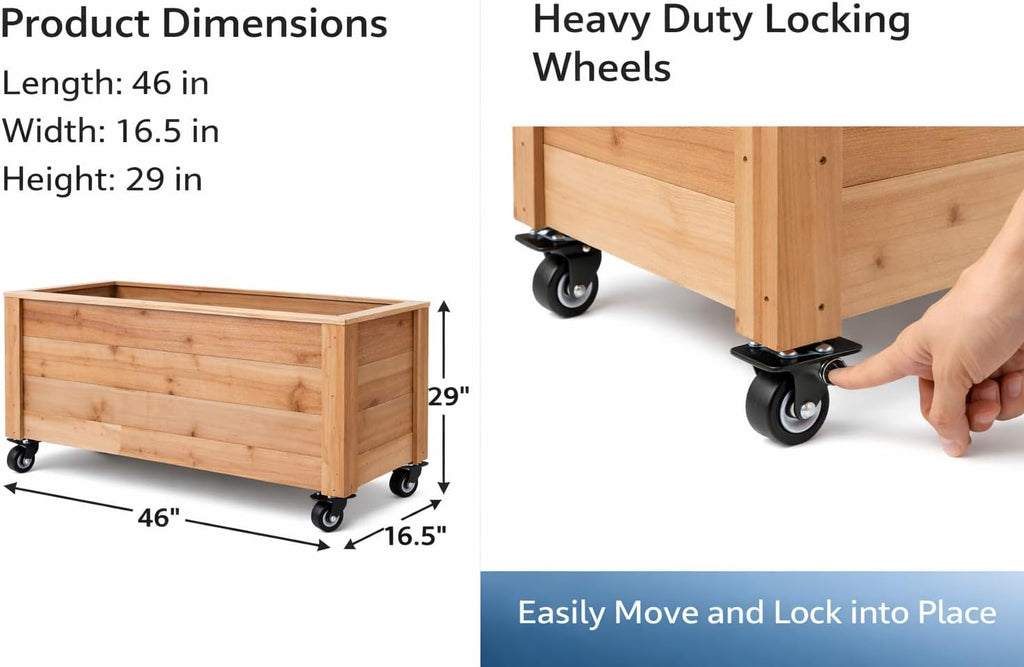 Tall Cedar Planter Box with Locking Wheels - Mobile Raised Garden Bed, Balcony & Business Entrances - Wooden Planter