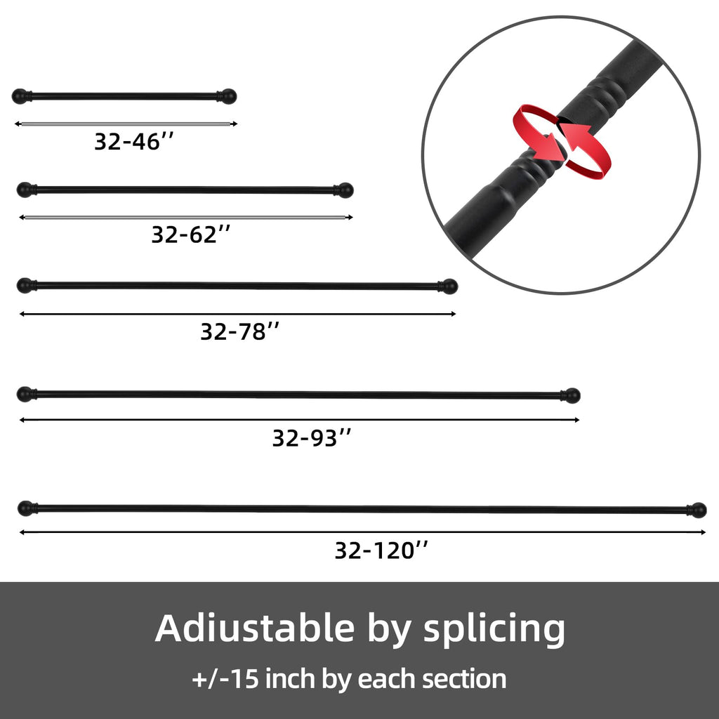 2 Pack Black Curtain Rods for windows 66 to 120 inch, 5/8 inch Splicing Heavy Duty Metal Curtain Rod Set with Brackets
