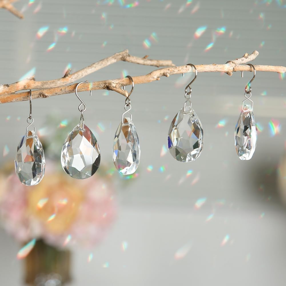10pcs 38mm Crystal Suncatcher, Hanging Clear Teardrops Crystals - Chandelier Parts Prisms Pendants with Hook for