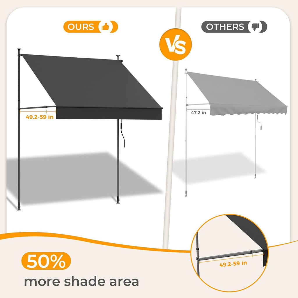 Manual Retractable Awning, 138" W x 118" H Retractable Side Bar 47-59", Outdoor Patio Awnings Height Adjustable