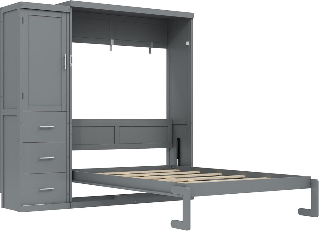 Full Murphy Bed with Storage Cabinet, Foldable Space-Saving Wood Wall Bed Frame with Wardrobe and 3 Drawers, Hidden