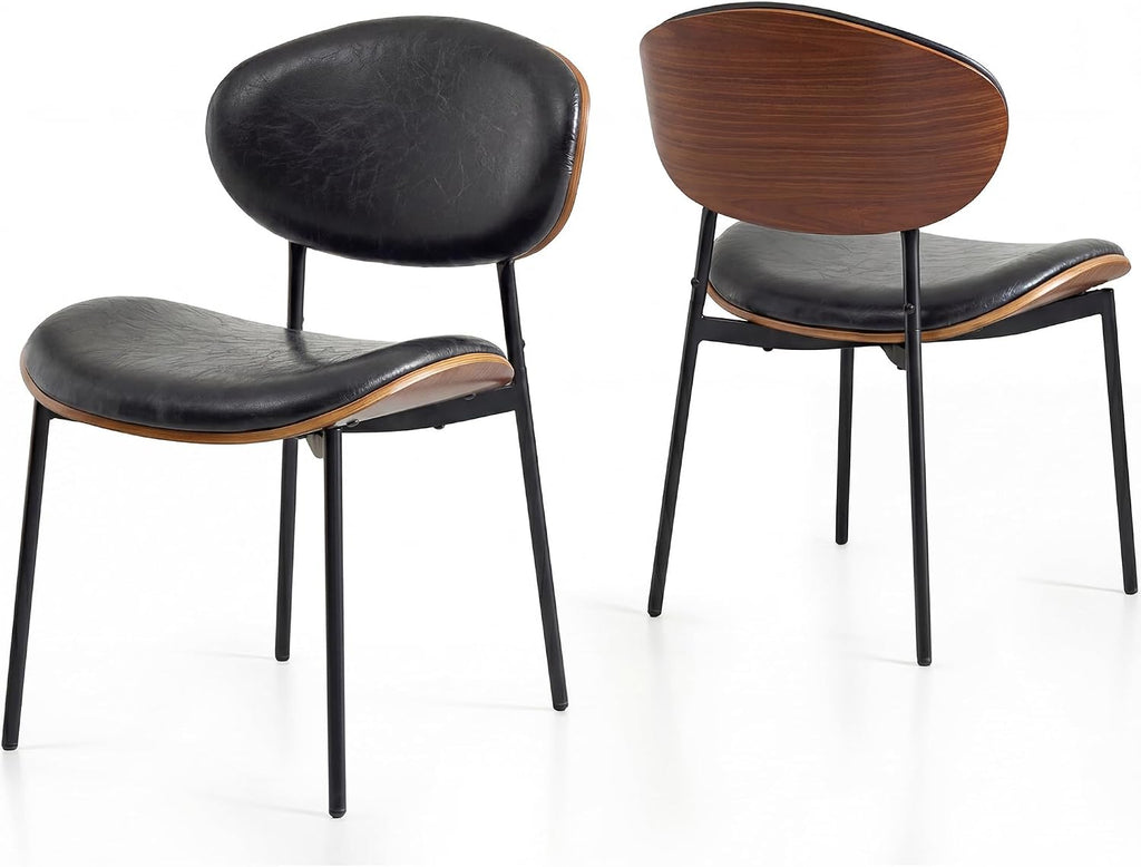Mid-Century Modern Dining Chairs Set of 2, PU Leather Upholstered Dining Room Chairs with Walnut Grain Back, Bentwood