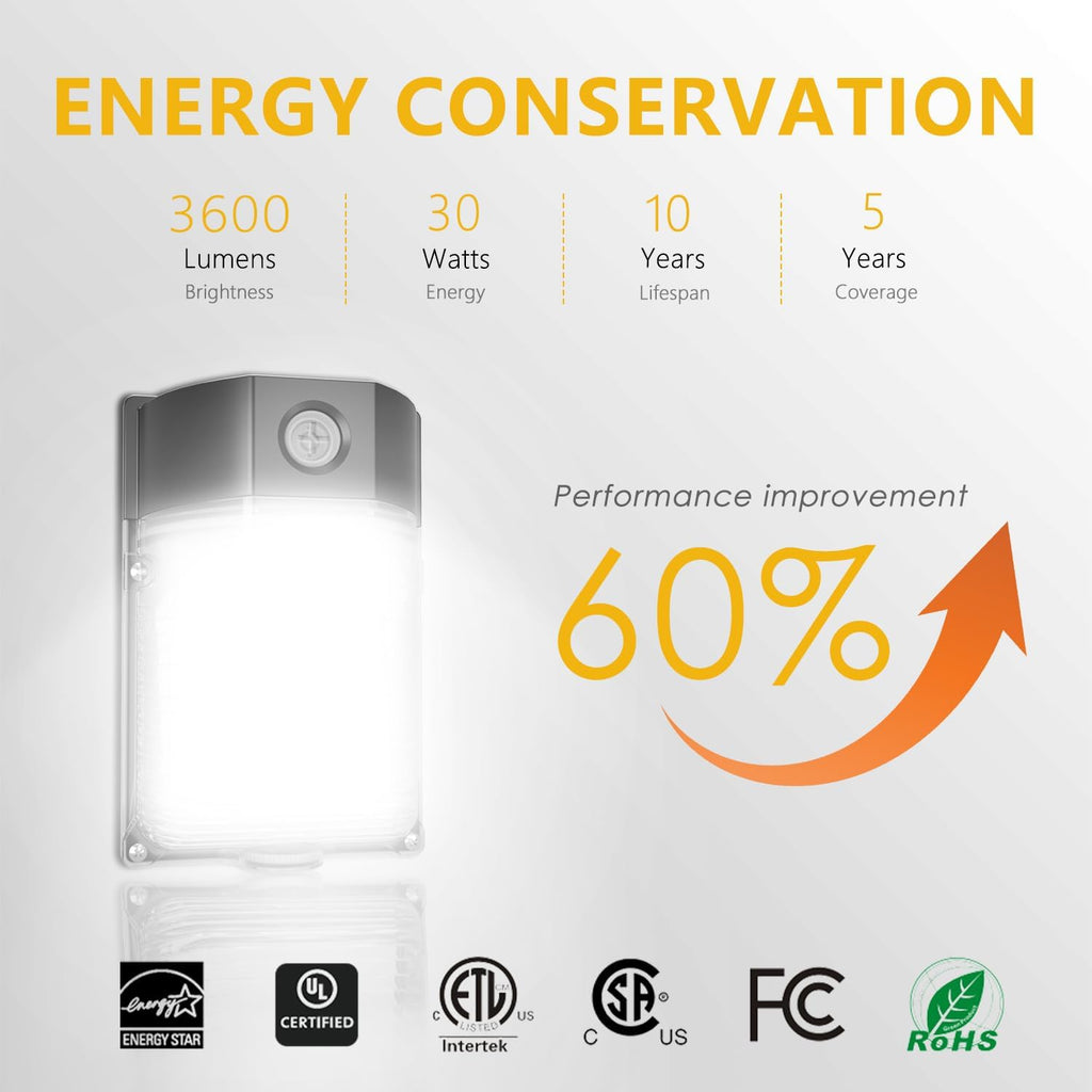 30W LED Wall Pack Light with Dusk to Dawn Sensor, 3600LM, 5000K Daylight, 120Vac Led Porch Lights, IP65 Waterproof