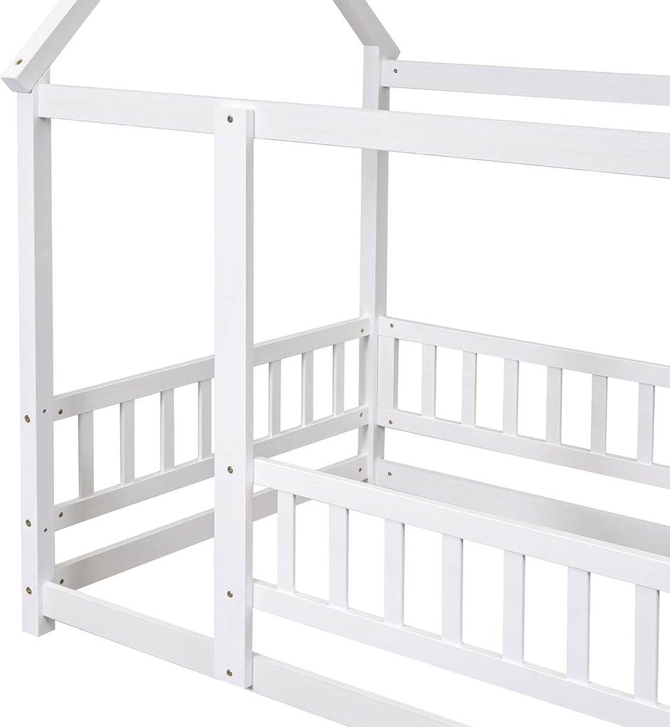 Twin Size House Floor Bed,Wooden Montessori Bed with Fence and Roof for Kids,Twin Bed Frame for Boys,Girls(Twin,White)
