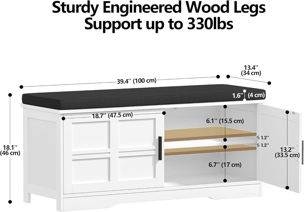 Shoe Bench with Storage, 39.4" Entryway Bench with Padded Cushion, 2-Tier Shoe Cabinet Bench with Adjustable Shelves