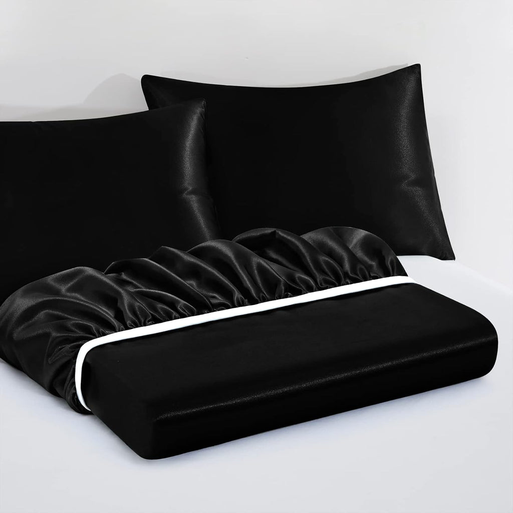 3pcs Extra Deep Pocket Satin Fitted Sheet Set Bed Set, Black Bottom Sheet Fit 18-24 Inch Deep Pocket Mattress