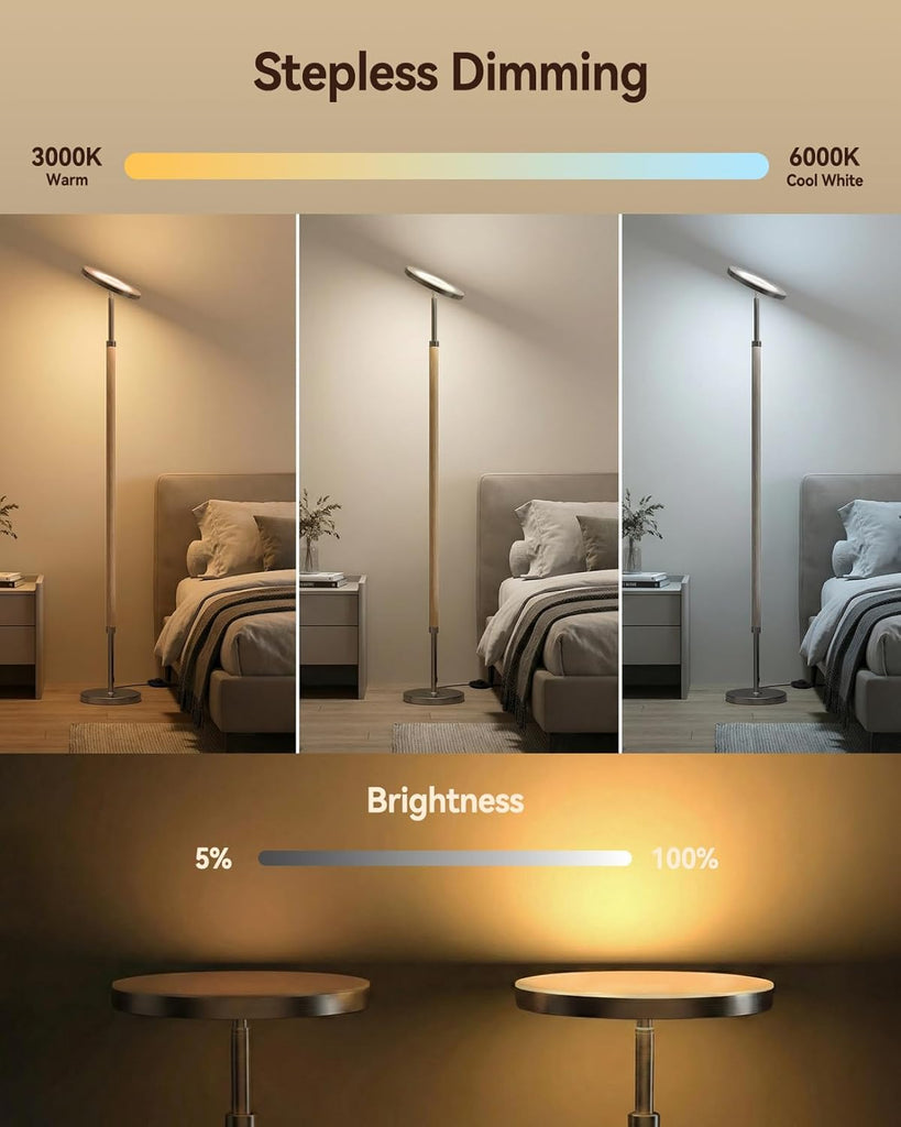 Wood Torchiere Floor Lamp, Super Bright Stepless Dimmable LED Uplight Standing Lamp with Remote Adjustable Color