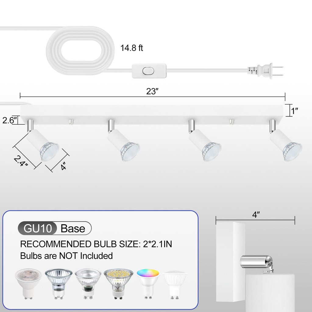Plug in Track Light, White, 23", 4 Way GU10 Track Ceiling Lighting