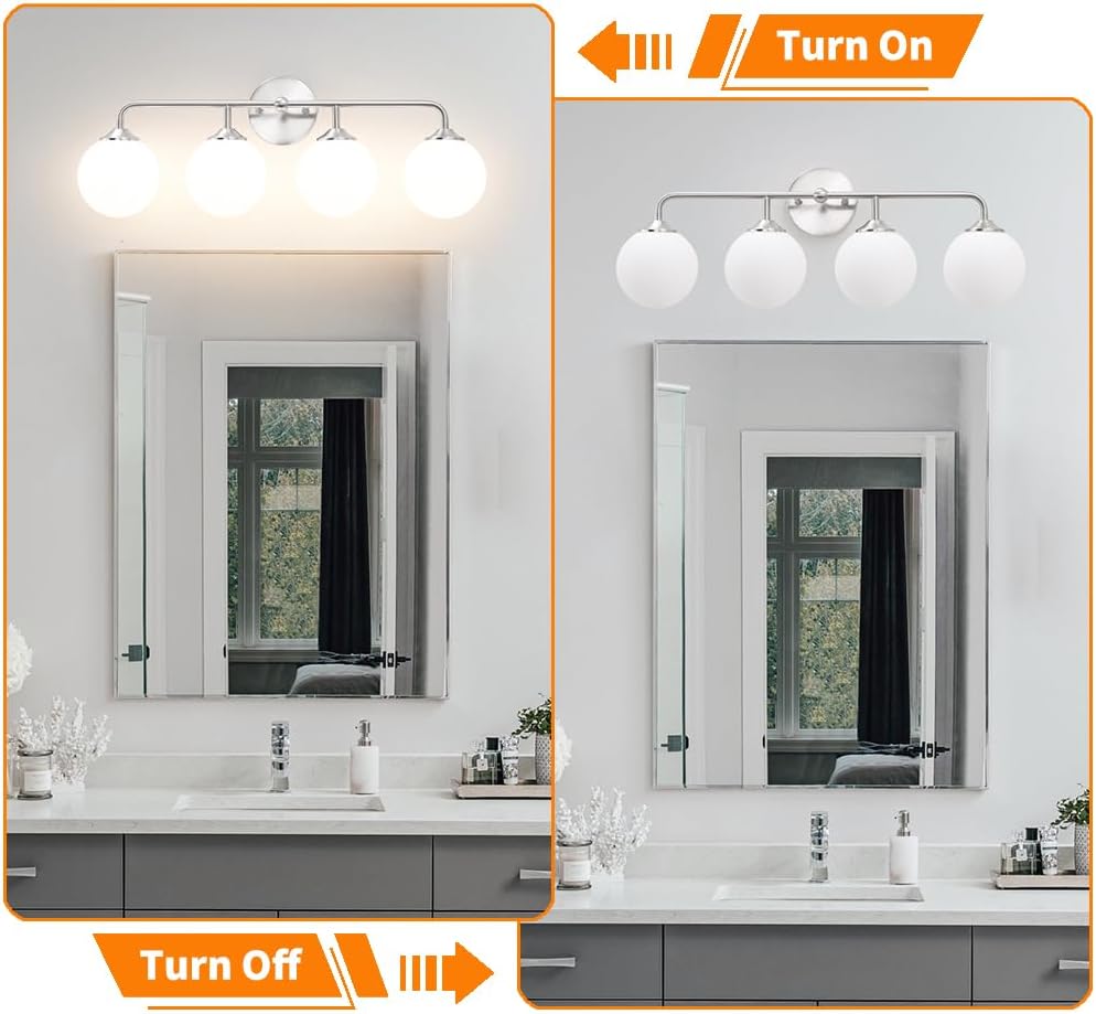 Modern 4-Lights Brushed Nickel Vanity Lights Over Mirror, Bathroom Lighting Fixtures with Milk White Globe Glass
