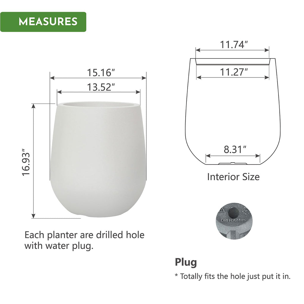 16.9" H Large Tall Plastic Planter w/ Drainage Holes and Plug, Chalk Beige