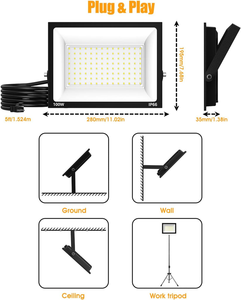LED Flood Lights Outdoor for Yard Work -100W 10000lm Super Bright LED Work Light with US Plug,6500K Daylight White