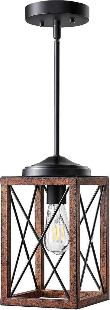 Farmhouse Pendant Light, Metal Hanging Light Fixture with Wooden Grain Finish, 48 Inch Adjustable Pipes for Flat and Slop Ceiling, Kitchen Island, Bedroom, Dining Hall, E26 Base