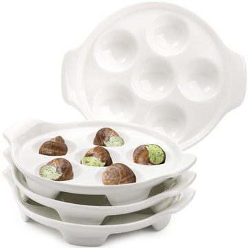 4 Pack Ceramic Escargot Plates with 6 Holes and Handles, 6.5 Inch Seafood Snail Dish Footed Plates White Escargot