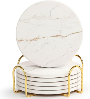 Drink Coasters with Holder for Coffee Table, Absorbent Coasters, Marble Style Ceramic Coaster for Wooden - Set of 6