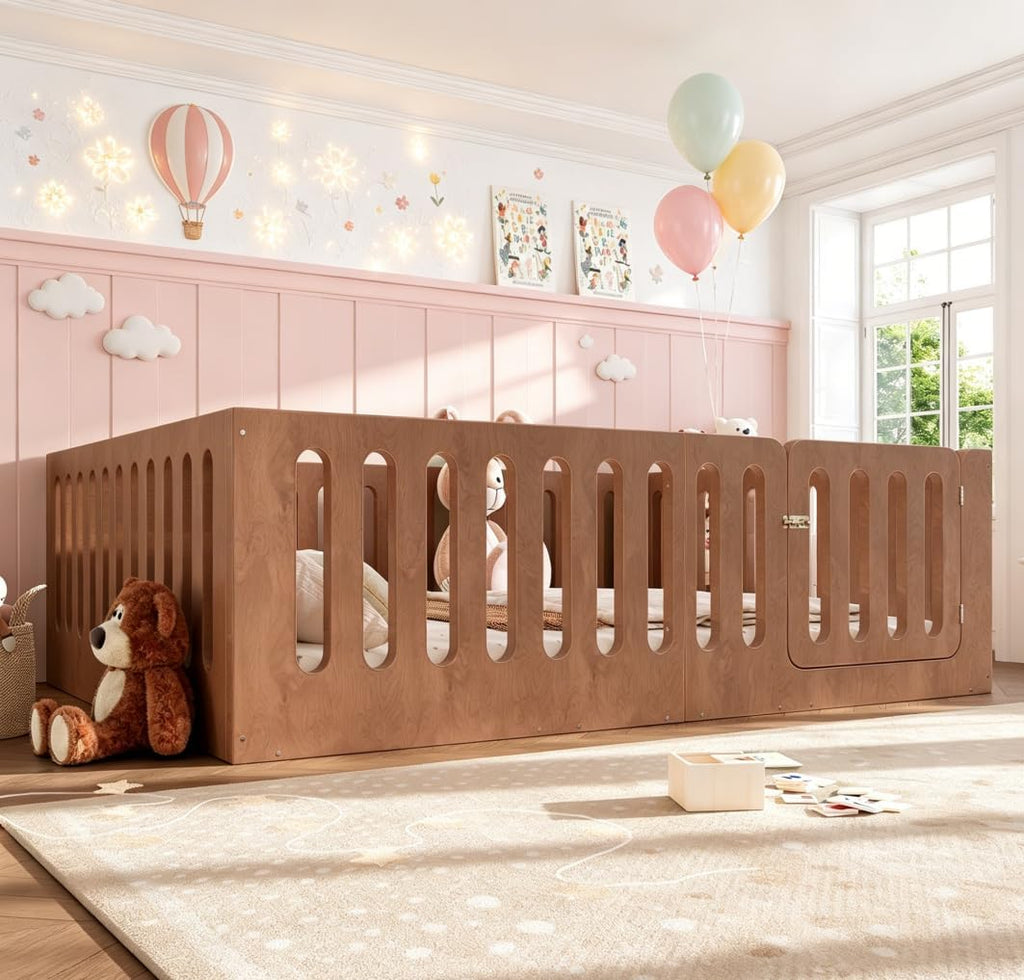 Queen Floor Bed with Door for Kids, Queen Size Floor Bed with High Fence, Wooden Montessori Beds for Kids, Deep